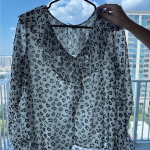 LOFT Animal Print Sheer Blouse - Black and White